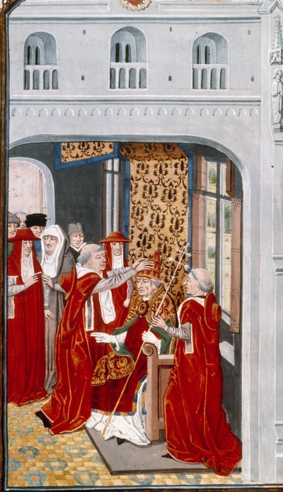 كرّس البابا غريغوار الحادي عشر (1329-1378) أفينيون عام 1370. صورة مصغرة من سجلات "بقلم جان فرويسارت (1337-1400) باريس القرن الخامس عشر. BN بواسطة فنان غير معروف