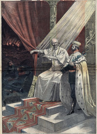 البابا ليون الثالث عشر (1810-1903) يظهر القيصر الروسي نيكولاس الثاني (1868-1918) أهوال الحرب. ثم يقترح الأخير نزع السلاح. رسم توضيحي في "" Le Pelerin "في 11 سبتمبر بواسطة فنان غير معروف