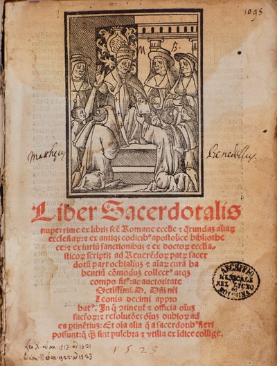 تسلم البابا ليون العاشر كتاب Frontispice of the liturgy Book "Liber Sacerdotalis" لكاستيليني بواسطة فنان غير معروف