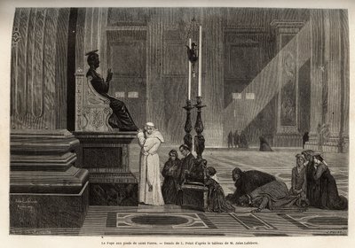 Pope Pius IX (pio 9) (1792-1878) collected at the foot of the statue of St. Peter, at the entrance of the Basilica, in the Vatican. Engraving to illustrate the Rome story, by Francis Wey, in 1864-1868, published in “” le tour du monde””, edited by D