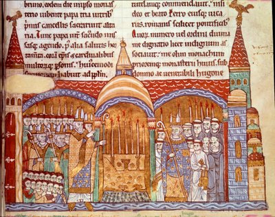 البابا أوربان الثاني (1042-1099) أمام مذبح دير كلوني. أكد دير كلوني في امتيازاته وممتلكاته واعترف لدير هيوز باستخدام الحلي الأسقفية في عام 1088. Minaiture from the Chronicles of Cluny بواسطة فنان غير معروف