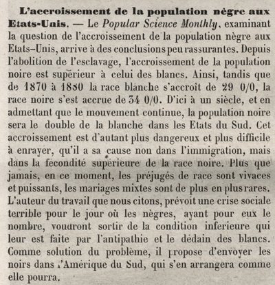 النمو السكاني ينفي في الولايات المتحدة: تعليق عنصري في الكتاب وفقًا لمقال نشر في مجلة Popular Science Monthly. قلقون من زيادة عدد السكان السود الأمريكيين وارتفاع معدل المواليد ويرغبون في علاجها بطردهم بواسطة فنان غير معروف