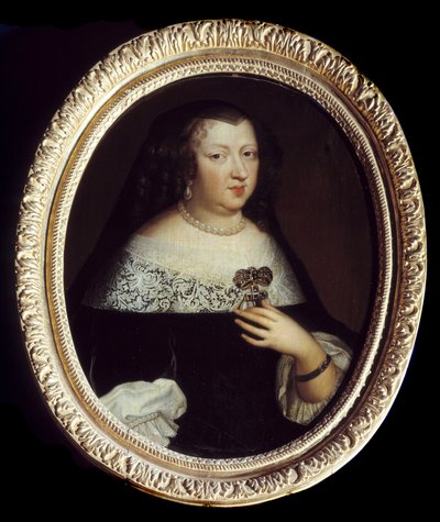 صورة آن من النمسا (1601-1666) ملكة فرنسا. ترتدي مجوهرات من اللؤلؤ ، وقلادة مزينة بالأحجار الكريمة على شكل صليب ، وسوار حول معصمها الأيسر. لوحة مجهولة بواسطة فنان غير معروف