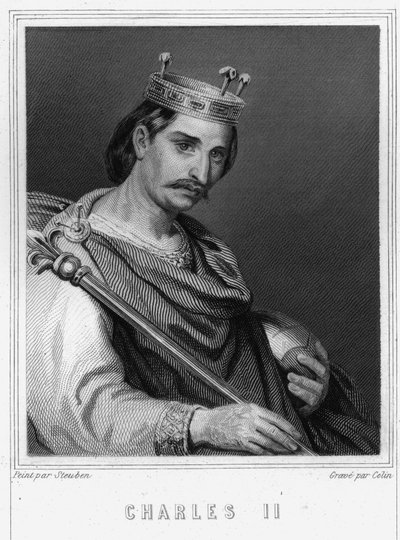 صورة تشارلز الثاني الأصلع (823 - 877) ، ملك فرنسا - في "Histoire des Français" للافالي ، نقش ، sd. بواسطة فنان غير معروف