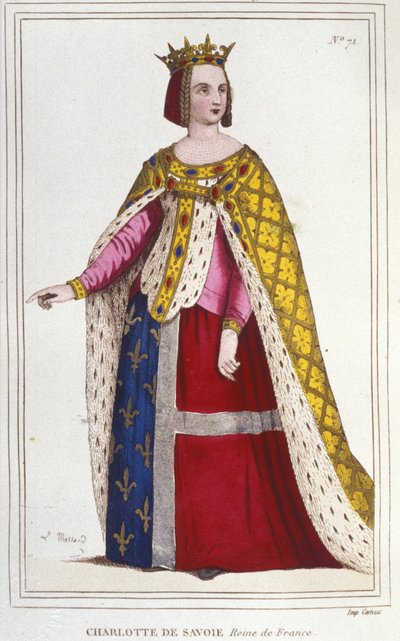 صورة شارلوت دي سافوي 1445-1483 ملكة فرنسا من 1461 إلى 1483 العروس إلى لويس الحادي عشر (لو برودينت) في 1451 نقشًا عام 1830 بواسطة فنان غير معروف