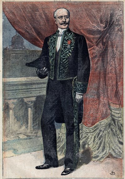 صورة للكونت ألبرت دي مون (1841-1914) ، وهو سياسي فرنسي وكاتب مقالات ورجل عسكري ، عندما التحق بأكاديمية Francaise في 10 مارس 1898. رسم توضيحي في "Le Pelerin" في 20 مارس بواسطة فنان غير معروف