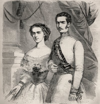صورة للإمبراطور فرانسوا جوزيف (فرانسوا جوزيف) الأول ملك النمسا (1830-1916) وزوجته إليزابيث من فيتلسباخ (1837-1898) (سيسي). نقش في "لوموند لامع" من عام 1857. مجموعة خاصة. بواسطة فنان غير معروف