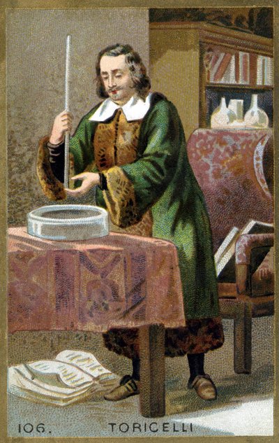 صورة لإيفانجليستا توريسيللي أو توريتشيلي (1608 - 1647) ، عالم فيزياء إيطالي مع اختراعه البارومتر (أنبوب الزئبق). الطباعة الحجرية الملونة في القرن التاسع عشر. بواسطة فنان غير معروف