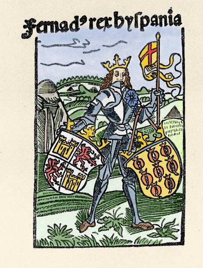صورة لفرديناند الأول ملك أراغون العادل (1380-1416) ملك إسبانيا. نقش من "" De insulis in mare Indico super Inventis "" ، بايل 1493-1494 (الترجمة اللاتينية لتقرير كولومبوس إلى ملك إسبانيا). بواسطة فنان غير معروف