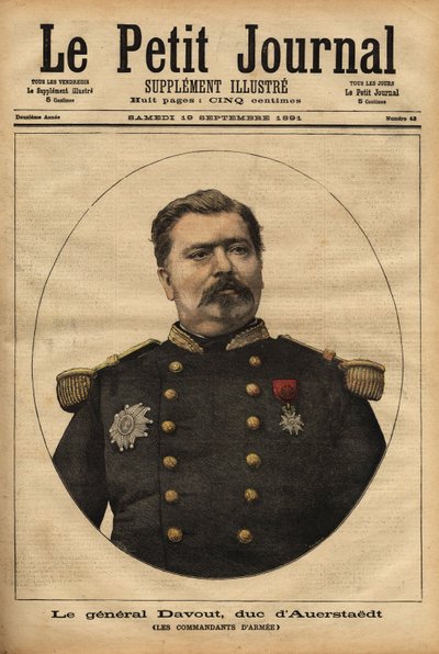 صورة للجنرال ليوبولد دافوت ، دوق أويرشتيد (1829-1904) ، رئيس أركان الجيش الفرنسي ، الذي شارك في كارثة الحرب الفرنسية البروسية (1870) لنابليون الثالث (1808-1873). نقش في "" مجلة Le petit "" 17/09/1891. سيلفا ج بواسطة فنان غير معروف