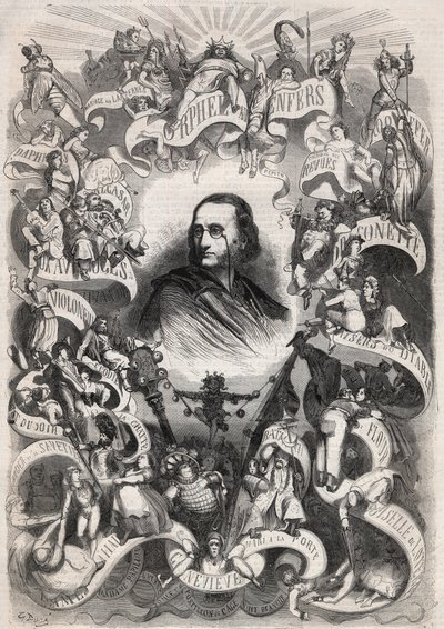 صورة لجاك أوفنباخ (1819-1880) ، المؤلف الموسيقي الفرنسي ومدير مسرح des Bouffes Parisiens ، محاطة بشخصيات من أعماله - نقش في "" Le Monde Illustré " بواسطة فنان غير معروف