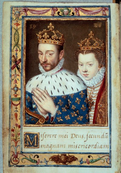 صورة شخصية للملك تشارلز التاسع (1550-1574) وإليزابيث من النمسا (1554-1592) صفحة مخطوطة ملكة فرنسا لـ "كتاب الصلوات لكاثرين دي ميديسي" (كاترينا دي ميديشي) في القرن السادس عشر ، باريس ، ب. بواسطة فنان غير معروف