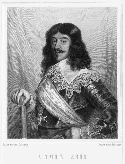 صورة لويس الثالث عشر (1601 - 1643) ، ملك فرنسا - في "" تاريخ الفرنسيين "للافالي ، نقش ، بدون تاريخ. بواسطة فنان غير معروف