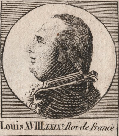 صورة لويس الثامن عشر (1755-1824) ، الملقب بالرغبة ، ملك فرنسا ونافار من 1814 إلى 1815 ومن 1815 إلى 1824 - لويس الثامن عشر ، المعروف باسم ملك فرنسا المرغوب - نقش من "Instruction sur l'Histoire de" فرنسا "بقلم تشارلز كونستانت لو بواسطة فنان غير معروف