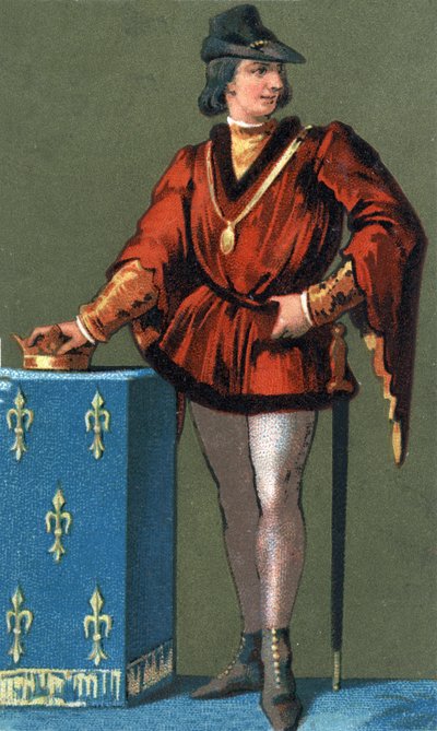 صورة لويس العاشر الهوتين (1289 - 1316) ، ملك فرنسا. الطباعة الحجرية الملونة في القرن التاسع عشر بواسطة فنان غير معروف