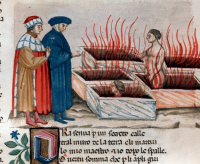 صورة للشاعر الإيطالي دانتي أليغييري مع فيرجيل بين الزنادقة مثل فاريناتا ديجلي أوبرتي (أغنية 10 من الجحيم ، في الكوميديا الإلهية) - مصغرة من القرن الخامس عشر بواسطة فنان غير معروف