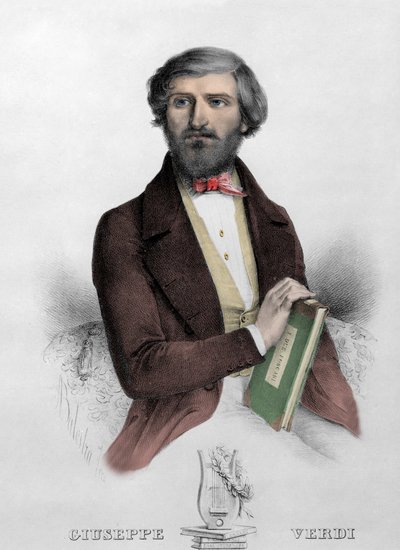 صورة للمؤلف الموسيقي الإيطالي جوزيبي فيردي (1813 - 1901) مع درجة "" i Due Foscari "" نقش عام 1844. بواسطة فنان غير معروف