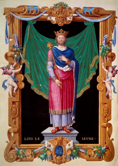 صورة لملك فرنسا لويس السابع الشاب (1120-1180). صورة مصغرة في "" Recueil des rois de france "لجين دو تيليت بواسطة فنان غير معروف