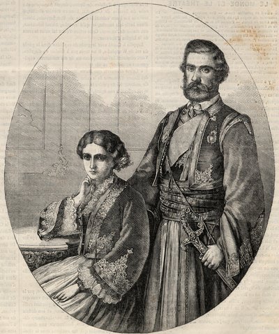 صورة لأمير صربيا مايكل الثالث (1823-1868) والأميرة جولي (1831-1919). نقش في "" L'Univers اللامع "" بواسطة فنان غير معروف