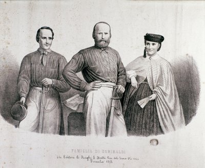 صورة للوطني وأبطال Risorgimento جوزيبي غاريبالدي (1807-1882) بين تيريسيتا وابنته وزوجته ستيفانو كانزيو. مطبوعات حجرية من 1862 مجموعة خاصة بواسطة فنان غير معروف
