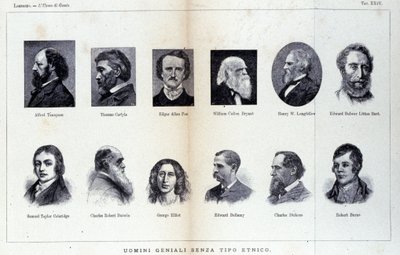 صور رجال عبقريين مختلفين. دراسة منشورة في "رجل العبقري" بقلم سيزار لومبروسو (1835-1909) بواسطة فنان غير معروف