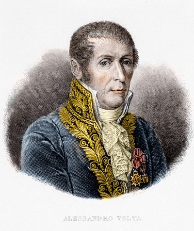 Portrat de Alessandro (Alexandre) Volta (1745 - 1827). فيزيائي إيطالي مخترع البطارية الكهربائية. نقش القرن التاسع عشر بواسطة فنان غير معروف