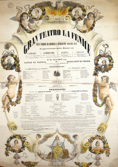 ملصق لأداء أوبرا "عايدة" للملحن الإيطالي جوزيبي فيردي (1813-1901) للأداء في مسرح لا فينيس في البندقية في 1843-1844. بواسطة فنان غير معروف