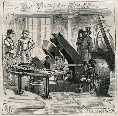 الفخار: آلة فلوري تستخدم في التشكيل الميكانيكي للطوب. نقش من عام 1885 في "" Les Arts et metiers Illustres "" لأدولف بيتارد. بواسطة فنان غير معروف