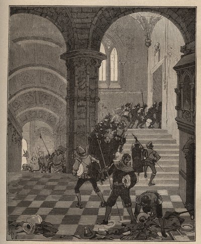 الفخار: تدمير مصنع "Henri II" أثناء نهب قلعة Oiron (Deux Sevres) عام 1568 أثناء العصبة. نقش من عام 1885 في "" Les Arts et metiers Illustres "" لأدولف بيتارد. بواسطة فنان غير معروف
