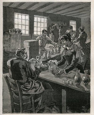 الفخار: ملء الفخار. نقش من عام 1885 في "" Les Arts et metiers Illustres "" لأدولف بيتارد. بواسطة فنان غير معروف