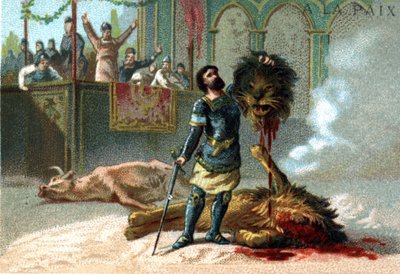 Pépin le Brief (715-768) ، ملك الفرنجة ، يحارب أسدًا وثورًا خلال الأعياد التي أقيمت للاحتفال بتتويجه عام 751. بواسطة فنان غير معروف