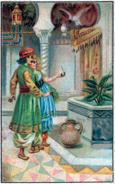 الأمير أحمد مع الرسوم. تاريخ الأمير أحمد ورسوم Paris-Banou (Pari Banou) (Paribanu). حكاية 1001 ليلة (حكايات الألف ليلة وليلة). الطباعة الحجرية الملونة في أواخر القرن التاسع عشر. بواسطة فنان غير معروف