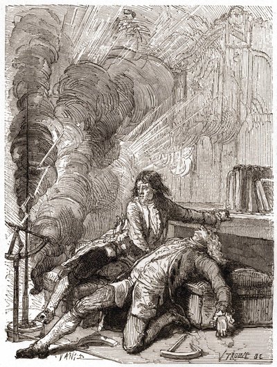 توفي البروفيسور جورج غيوم ريتشمان (1711-1753) في ورشته بعد تجربة باستخدام مقياس كهربي بواسطة فنان غير معروف