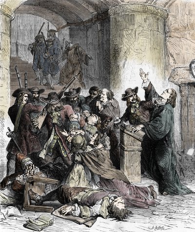حظر مقدمات واعتقال البروتستانت بعد إلغاء تحرير دي نانت (التنين تحت حكم لويس الرابع عشر (1681-1686): الجنود الكاثوليك (التنانين) ذبحوا البروتستانت. القرن التاسع عشر (نقش) بواسطة فنان غير معروف
