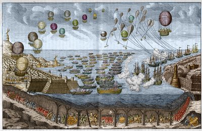 مشروع هجوم (غزو) ضد إنجلترا عام 1803 بواسطة نابليون الأول - تمشي القوات الفرنسية عبر نفق القنال بينما تهاجم السفن والبالونات عن طريق البحر والجو - نقش عام 1803 بواسطة فنان غير معروف