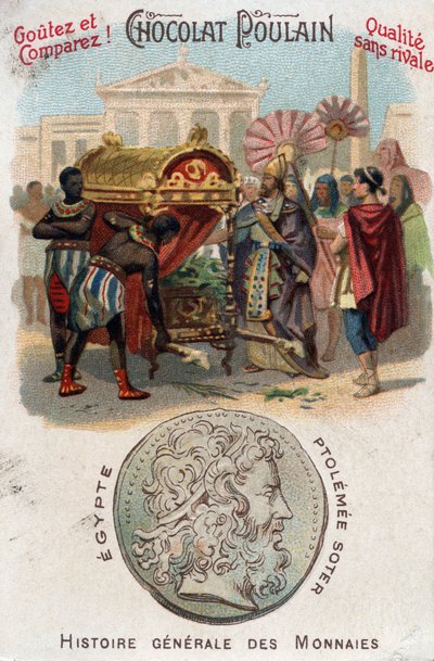 دفن بطليموس الأول (360-283 قبل الميلاد) سوتر (المنقذ) الإسكندر الأكبر. في التاريخ العام للعملات المعدنية. الطباعة الحجرية الملونة بالشوكولاتة المهر في نهاية القرن التاسع عشر. مجموعة خاصة. بواسطة فنان غير معروف