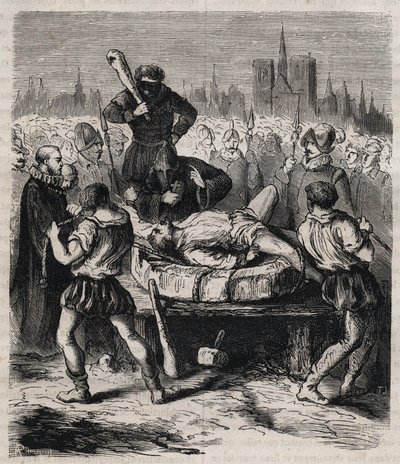 معاقبة فرانسوا رافايلاك (1578-1610) قاتل الملك هنري الرابع (1553-1610) في ميدان دي جريف في باريس عام 1610 - نقش 1879 في "تاريخ المجتمعات السرية والسياسية والدينية" بقلم بيير زكون (1817-1895) بواسطة فنان غير معروف