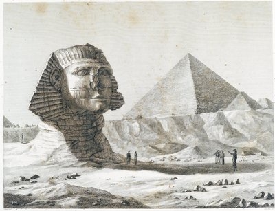 أهرامات الجيزة: منظر لأبي الهول والهرم الأكبر ، مأخوذ من الجنوب الشرقي - في "" وصف مصر "، الطبعات الإمبراطورية بواسطة فنان غير معروف