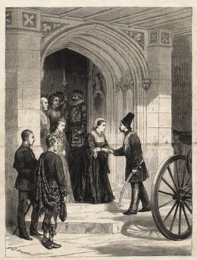 الملكة فيكتوريا تستقبل شاه بلاد فارس (ناصر الدين شاه قاجار - ناصر الدين شاه قاجار) (ناصر الدين أو ناصر الدين شاه ، ناصر الدين شاه أو ناصر الدين) (1831-1896) عند مدخل الملك ، قلعة وندسور - 1873 - نقش من "المصور بواسطة فنان غير معروف