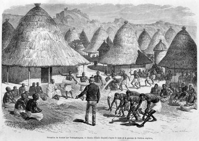 استقبال الدكتور ليفينجستون من قبل Tchitapanngoua - "" رحلة ليفينجستون الأخيرة 1866-1873 "" في "" حول العالم "، 2nd sem. 1875 بواسطة فنان غير معروف