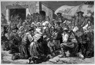 العرف الإقليمي لفرنسا ، زواج بريتون: صلاة المتسولين للزوجين. نقش في "" Le Monde Illustré "" بواسطة فنان غير معروف