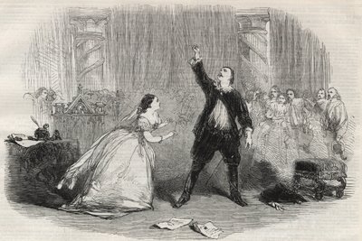 تمثيل "Lucie de Lammermoor" (Lucia di Lammermoor) بواسطة Gaetano Donizetti في "Her Majesty's Theatre" في لندن عام 1857. لوسيا (ماريا بيكولوريني) وإدغاردو (أنطونيو جيوجليني) بواسطة فنان غير معروف