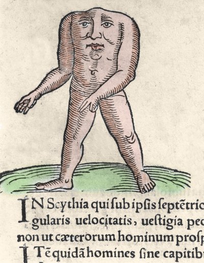 يصف تمثيل أحد أفراد قبيلة Blemmyi في النوبة ، بدون رأس ، بدون عنق ، ووجه على جذع Pliny النقش السابق من "Prodigiorum ac ostentorumronicon" بقلم كونراد ليكوستينس (1518-1561). 1557. بواسطة فنان غير معروف