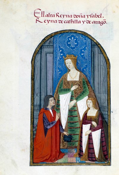 تمثيل لملكة إسبانيا إيزابيلا الكاثوليكية (1451-1504) وابنتها جين إيري ذا فول (1479-1555) وبيدرو ماركويلو. صفحة مخطوطة مأخوذة من "" مجموعة تفاني الملكة جوان ذا فول (1479-1555) ملكة إسبانيا "بقلم بيدرو مار بواسطة فنان غير معروف