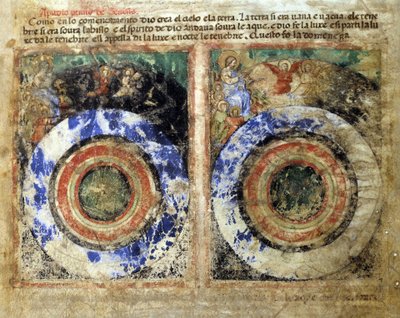 تمثيل خلق العالم. منشأ. صورة مصغرة من مجلد مخطوطة 212 (أو كود بادوفانو أو الكتاب المقدس لبادوا) 1390-1400 روفيغو ، أكاديميا دي كونكوردي بواسطة فنان غير معروف