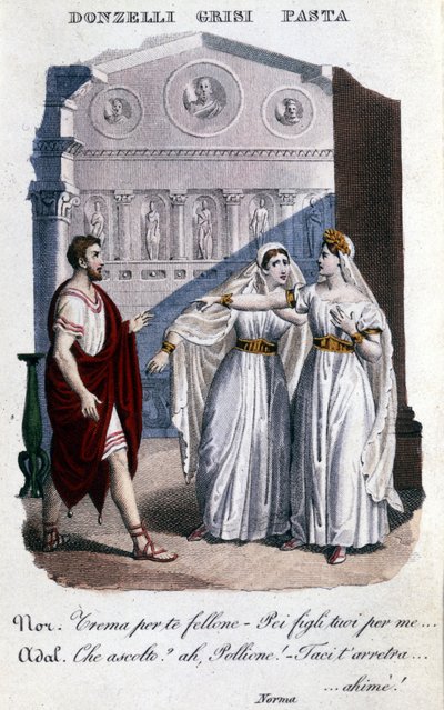 تمثيل المترجمين الفوريين للتمثيل الأول لـ "La Norma" بواسطة Vincenzo Bellini (1801 - 1835): من اليسار إلى اليمين Domenico Donzelli (Pollione) و Giuditta Grisi (Adalgisa) و Giuditta Pasta (Norma) 1833. بواسطة فنان غير معروف