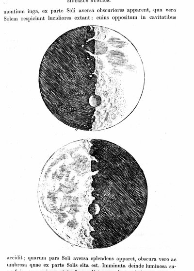 تمثيل القمر. لوحة مأخوذة من "" Sidereus nuncius "(أو" "الرسول السماوي") بواسطة Galileo Galilei (الجليل) بواسطة فنان غير معروف