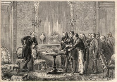 تمثيل مسرحية "ميركاديت" (Le Faiseur) بواسطة Honore de Balzac (1799-1850) في الكوميديا Francaise. الفصل الثالث ، المشهد السادس. نقش في "" L'Univers اللامع "" بواسطة فنان غير معروف