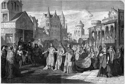 تمثيل للأوبرا الرومانسية "Lohengrin" لريتشارد واجنر (1813-1883) ، المشهد الثاني في المسرح الملكي في ميونيخ ، ألمانيا. نقش في "الكون المصور" بواسطة فنان غير معروف