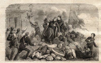 ثورة 1848: "" Archeveque Monsignor Denis Affre (1793-1848) على الحاجز Faubourg Saint Antoine في باريس 1848/06/26 (يا إلهي أن دمي هو آخر آية) (الموت دينيس أفري رئيس أساقفة باريس حاجز عند مدخل ر بواسطة فنان غير معروف